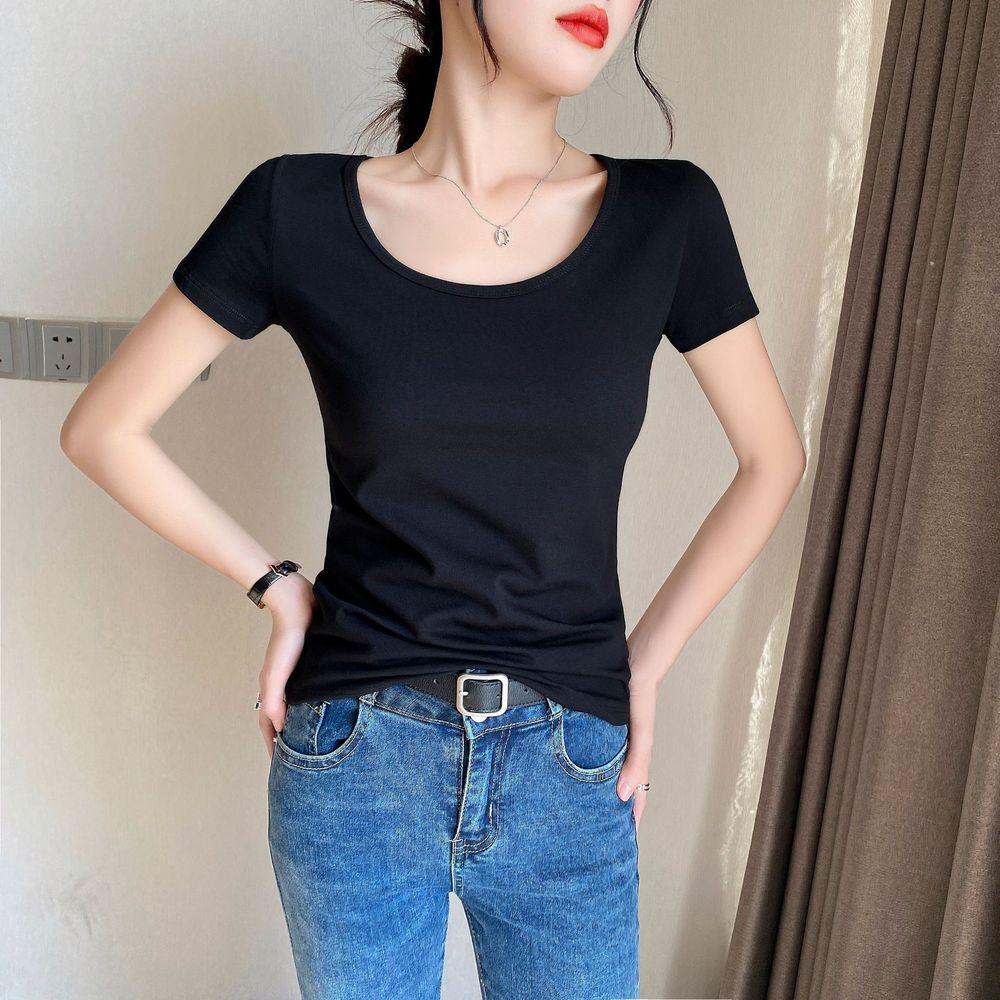 Women's White Round Neck Short Sleeve T-Shirt