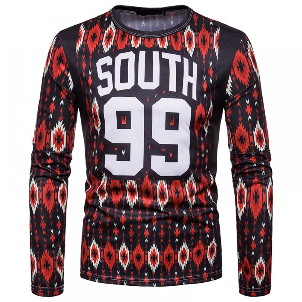 Men's Letter Printing Long-Sleeved Round Neck T-Shirt